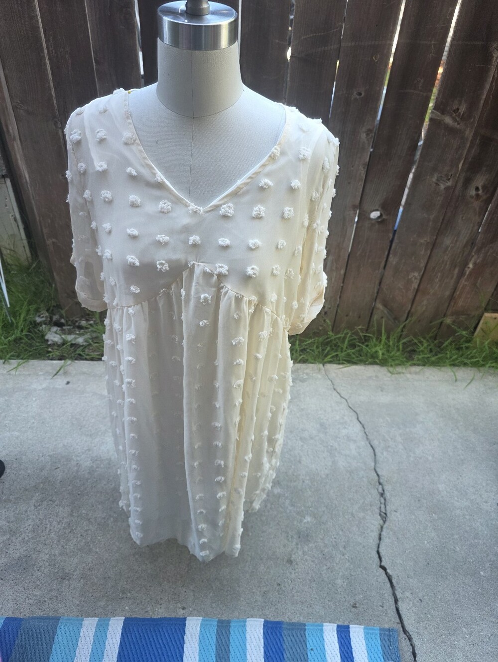 Ivory Textured Pom-Pom V-Neck Dress